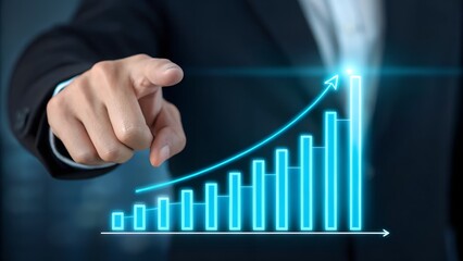 Confident hand points to glowing blue bar graph showing upward growth