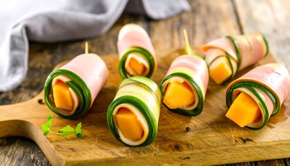 Cucumber rolls with ham and melon