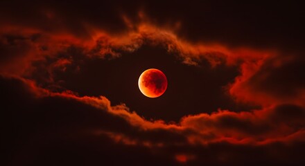 Blood Moon in a Fiery Sky, Lunar Eclipse Surrounded by Dramatic Red Clouds and Darkness