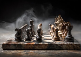 Chessboard with pieces in a smoky atmosphere