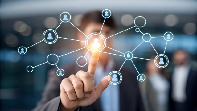 Man connects to digital network of people, symbolizing global connections