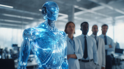 An AI hologram agent representing autonomy and teamwork, standing beside humans in a modern office, symbolizing collaboration between artificial intelligence and human workforce