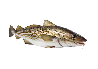 A single cod fish, beautifully detailed and presented against a striking black background, showcasing its natural, speckled pattern and the subtle hues of its scales.