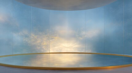 blurred image of a luxury meditation dome interior surrounded by holographic nature projections