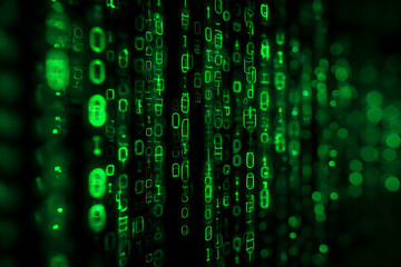 Abstract Green Binary Code Stream: Digital Data Flow, Futuristic Technology Background, Cyber Security Concept.