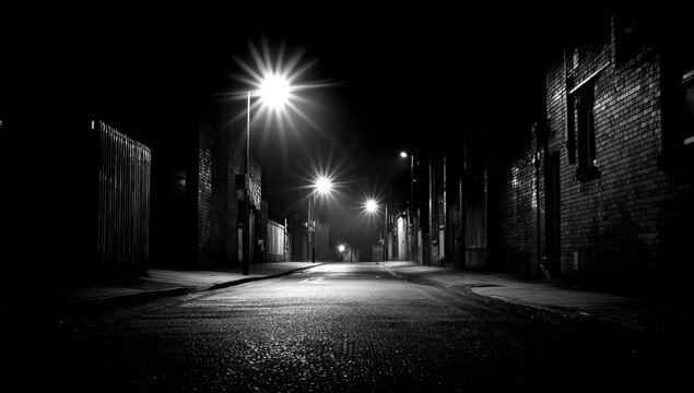 Fototapeta A black and white street at night.  Urban alleyway