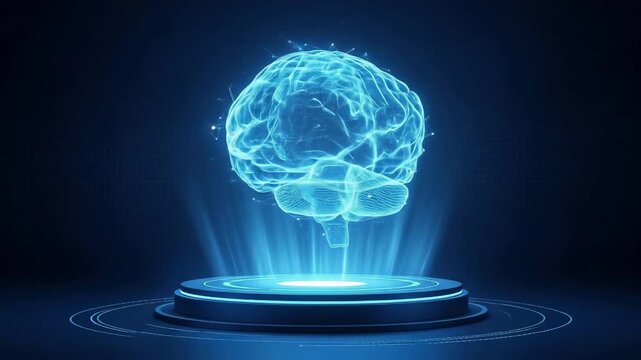 Futuristic digital brain glows bright blue The brain rests on a platform emanating light representing ideas knowledge intelligence and advanced technology concept - Powered by Adobe
