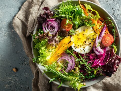 Fresh colorful mixed salad with leafy greens vegetables cherry tomatoes and boiled egg in a white bowl on rustic surface