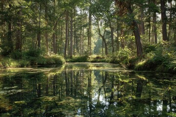 Tranquil forest pond reflecting trees