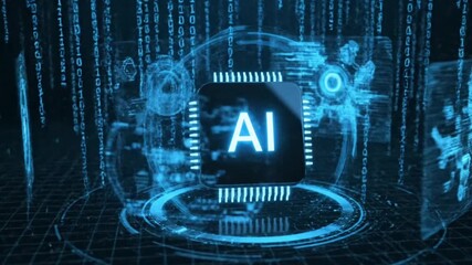 AI microprocessor. The central chip is illuminated amidst a digital environment of binary code and light, symbolizing the power of artificial intelligence. - Powered by Adobe