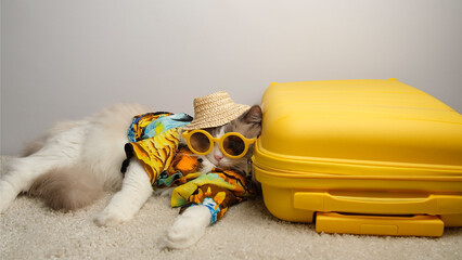 A cat, a tourist in sunglasses, is resting near a yellow suitcase.