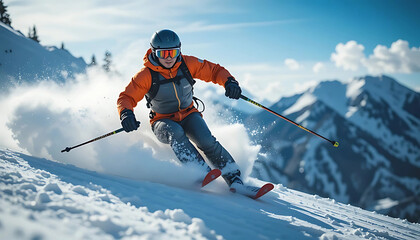 Dynamic Male Skier in Bright Ski Gear Skiing Down a Snowy Mountain Slope on a Sunny Day, Ideal for Winter Sports, Adventure, and Recreation Concepts
