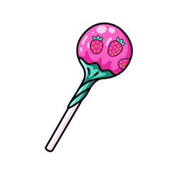 Pink strawberry lollipop on stick. Cute cartoon comic doodle element. Isolated vector illustration.