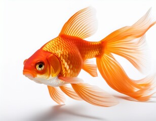 Fototapeta premium a vibrant orange goldfish swims gracefully isolated on white background showcasing its golden scales and delicate fins