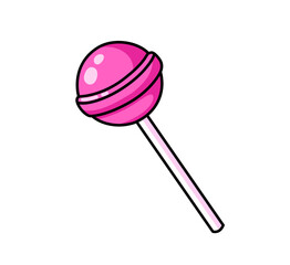 Pink lollipop on stick. Cute cartoon comic doodle element. Isolated vector illustration.