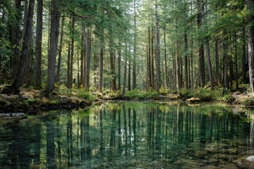 Tranquil forest reflecting in a clear stream