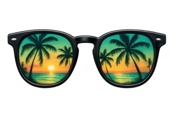Sunglasses reflecting a tropical sunset with palm trees on a transparent background