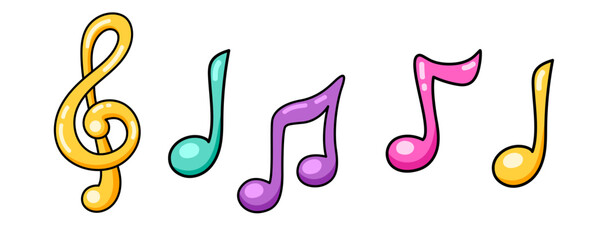 Musical notes and treble clef. Collection of musical cartoon elements. Isolated vector illustration. © Anastasia