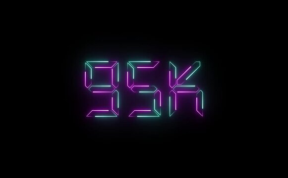 A radiant neon "95K" icon pulses in electric pink and blue, shimmering with retro 80s flair, featuring subtle zoom, flicker, and glowing light trail effects.
