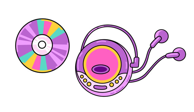 CD player and music compact disk. Retro technology 90s. Colorful cartoon element. Isolated vector illustration.