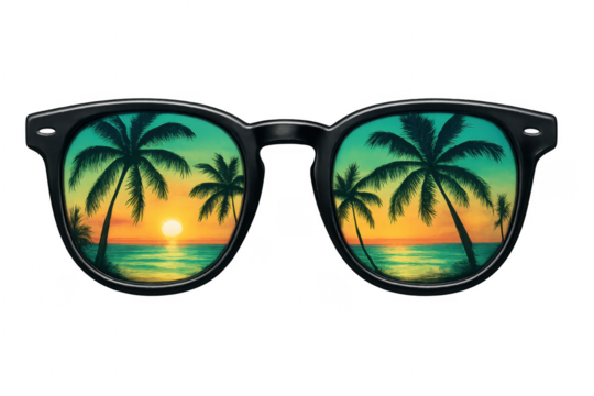 Sunglasses reflecting a tropical sunset with palm trees on a transparent background