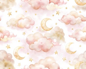 Whimsical watercolor seamless pattern of soft pink clouds crescent moons and twinkling stars in a dreamy pastel sky