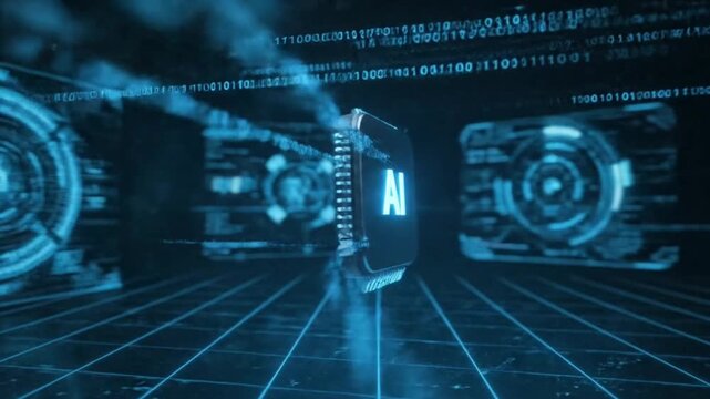 AI microprocessor. The central chip is illuminated amidst a digital environment of binary code and light, symbolizing the power of artificial intelligence. - Powered by Adobe