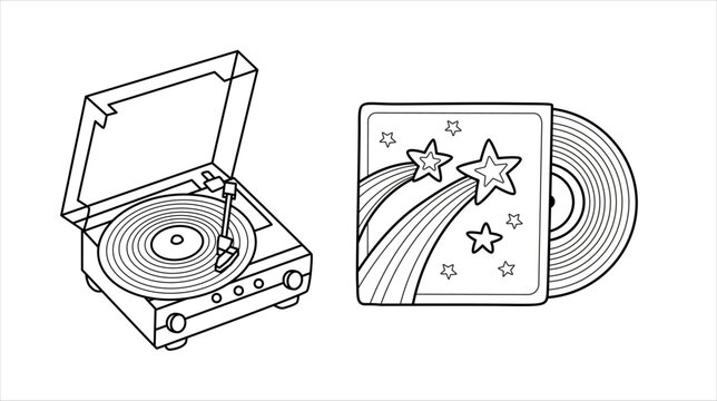 Vinyl record player, turntable. Retro music audio device. Contour outline icon. Isolated vector illustration.