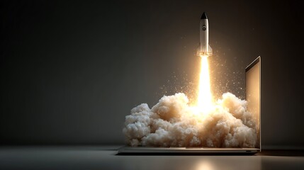 Rocket launching from laptop screen with smoke and bright light effect