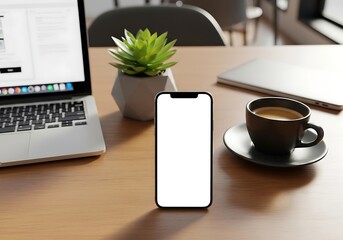 Modern desk setup with blank screen smartphone, laptop, coffee, and plant for business concepts