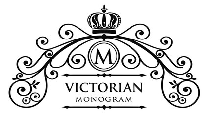 Victorian monogram with crown and letter m in circle with decorative flourishes and text elements design