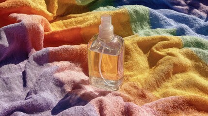 Clear spray bottle on vibrant rainbow fabric