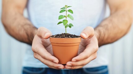 Close-up: Hands holding a small potted plant, environmental care, growth