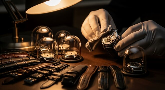Master Watchmaker Carefully Cleaning Exquisite Timepiece Under Warm Lamplight