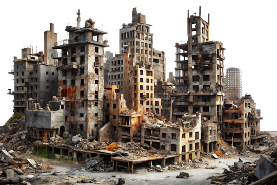 a destroyed city with a isolated on white background ,PNG.AI Generated.