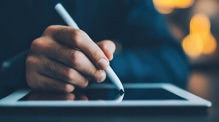 Close-up: Someone's hand using a stylus on a digital tablet, creativity, design, technology,