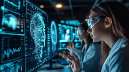Two researchers work intently in a high-tech laboratory, wearing smart glasses and focusing on intricate digital displays showcasing AI models and data analysis