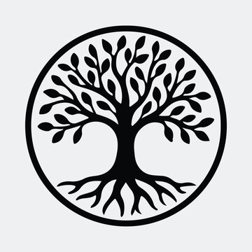 Silhouette tree of life branches and roots inside a circle vector illustration