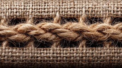 Close-up of a braided rope on a burlap fabric