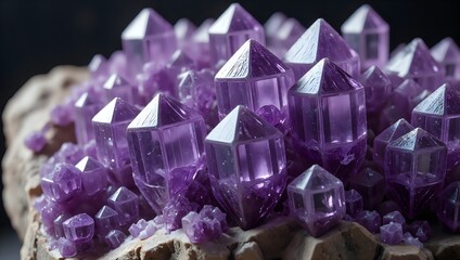 Fototapeta premium A stunning arrangement of amethyst crystals glimmering under soft light