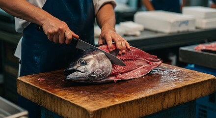 Butcher's Art: Skillfully Cutting Fresh Tuna for Culinary Delights, Precision Cutting of a Large Tuna on a Sturdy Wooden Block