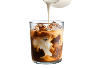 Iced Coffee with Cream Cascade: A close-up shot captures the mesmerizing moment of pouring a cascade of creamy milk into a glass of iced coffee, revealing an attractive swirl.