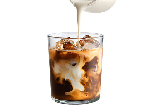 Iced Coffee with Cream Cascade: A close-up shot captures the mesmerizing moment of pouring a cascade of creamy milk into a glass of iced coffee, revealing an attractive swirl.