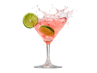 Cosmopolitan Cocktail Splash: Capturing a refreshing moment, this vibrant cocktail is artfully adorned with a slice of lime, with liquid cascading to create visual appeal.