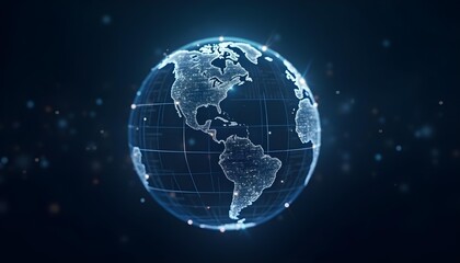 Futuristic holographic globe with glowing data points and grid lines, soft light effects, no chrome.