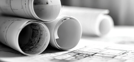 Rolled architectural blueprints on a table (1)