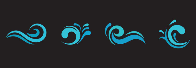set of water waves vector illustration. Blue wave icons in different shapes and styles. Vector cartoon illustration, ocean water logotype.