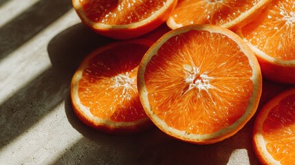 Fresh juicy oranges sliced in half showcasing vibrant orange color and detailed fruit texture on wooden surface