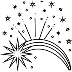 Festive Fireworks Display Illustration with Stars and Sparks for Celebrations and Holiday Events in Black and White Outline Style
