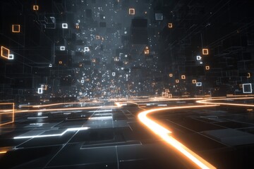 Futuristic digital cityscape with glowing pathways